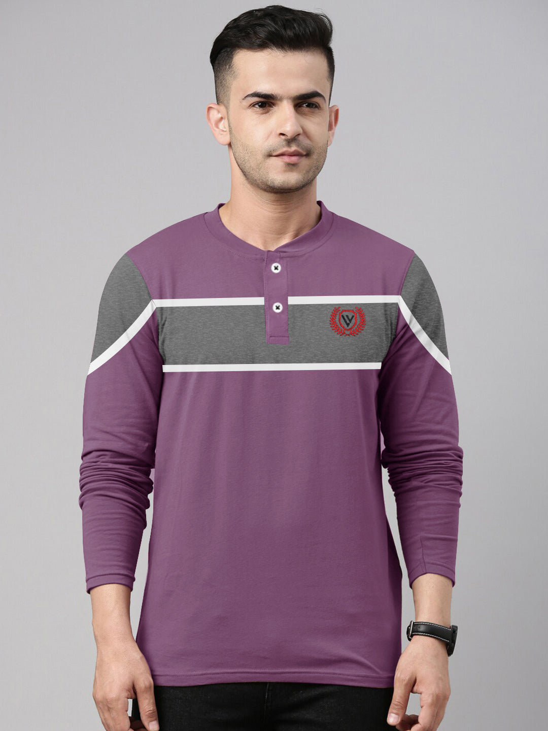 Louis Vicaci P.Q Long Sleeve Henley Shirt For Men-Purple with Dark Grey Melange Panel-SP1750