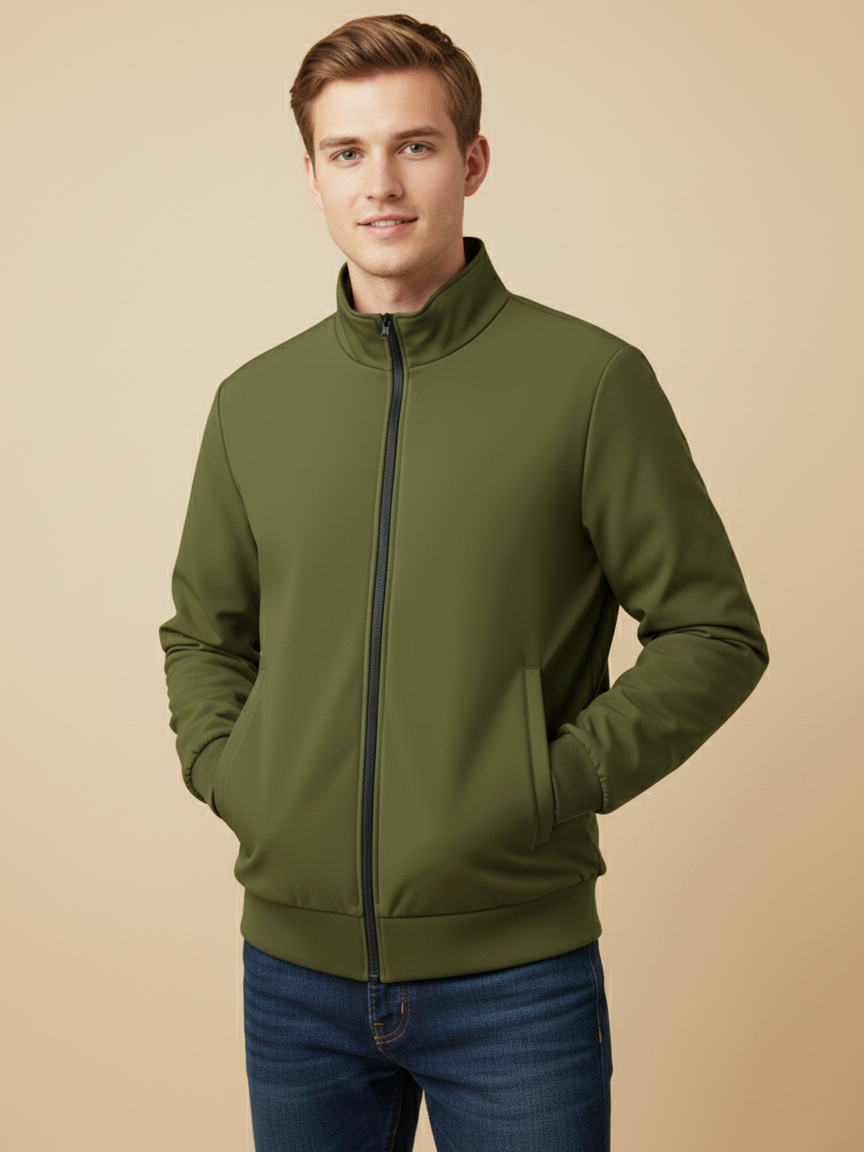 Stylish Puffer Zipper Mockneck Jacket For Men-Olive Green-BRPH22