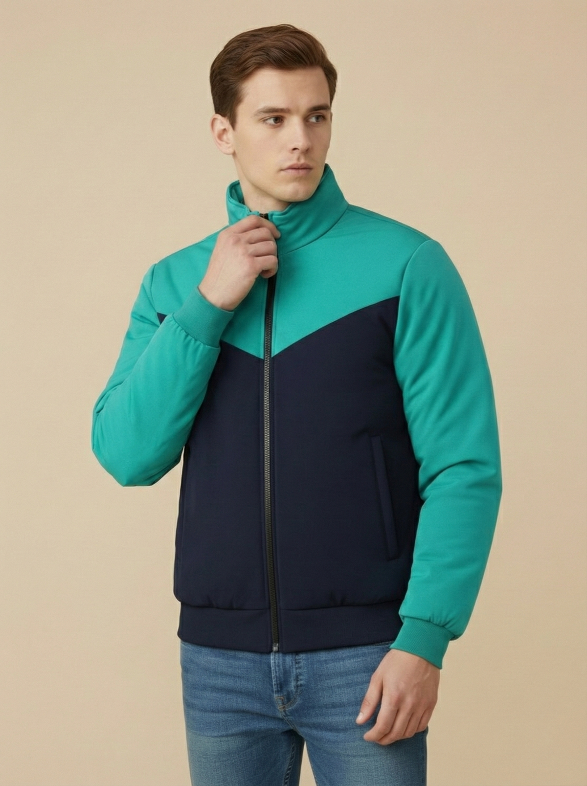 Stylish Winter Zipper Mockneck Jacket For Men-Cyan Green & Dark Navy-BRPH28