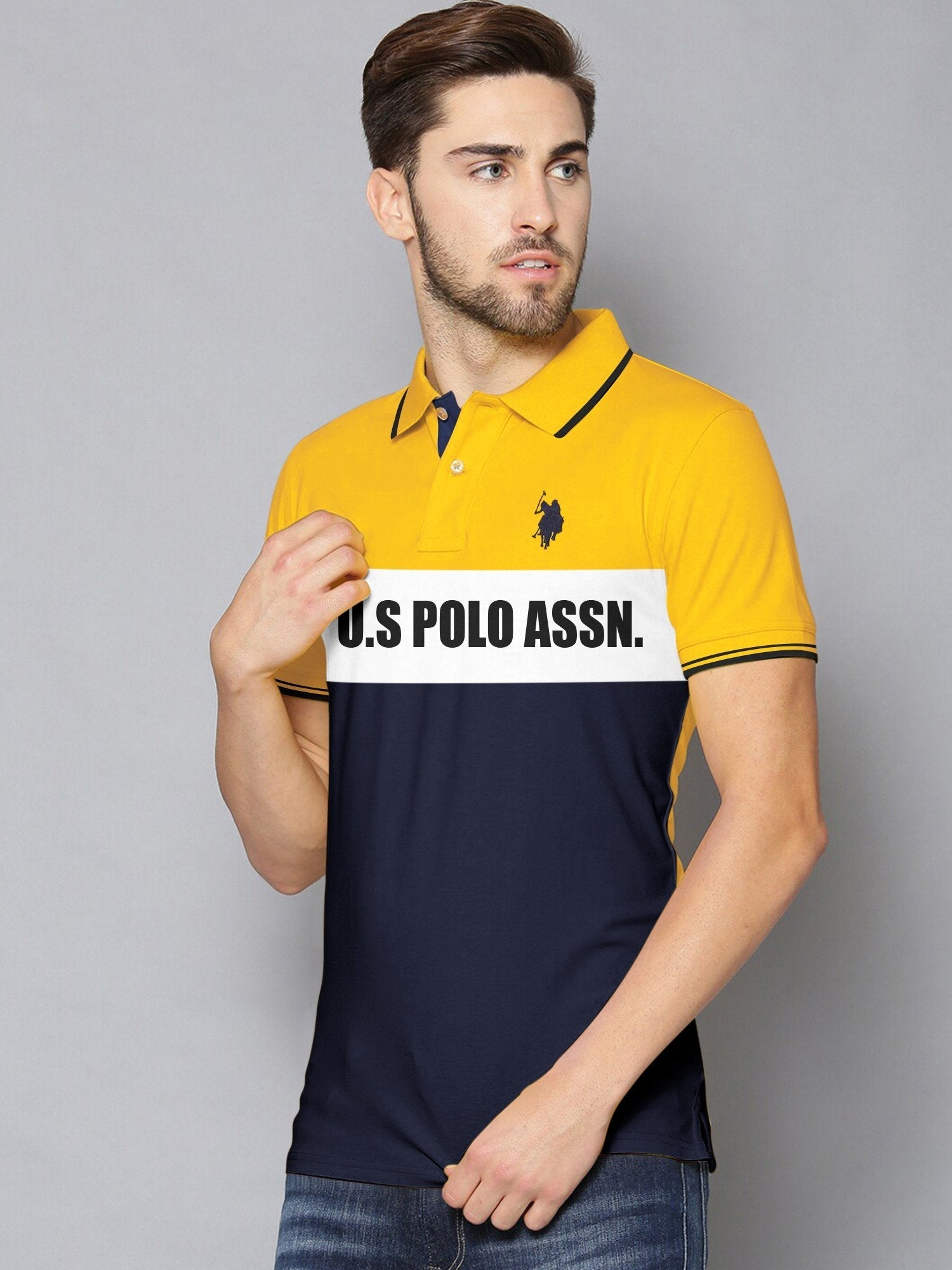 U.S Polo Assn. P.Q Half Sleeve Polo Shirt For Men-Yellow with White & Navy-BR13129