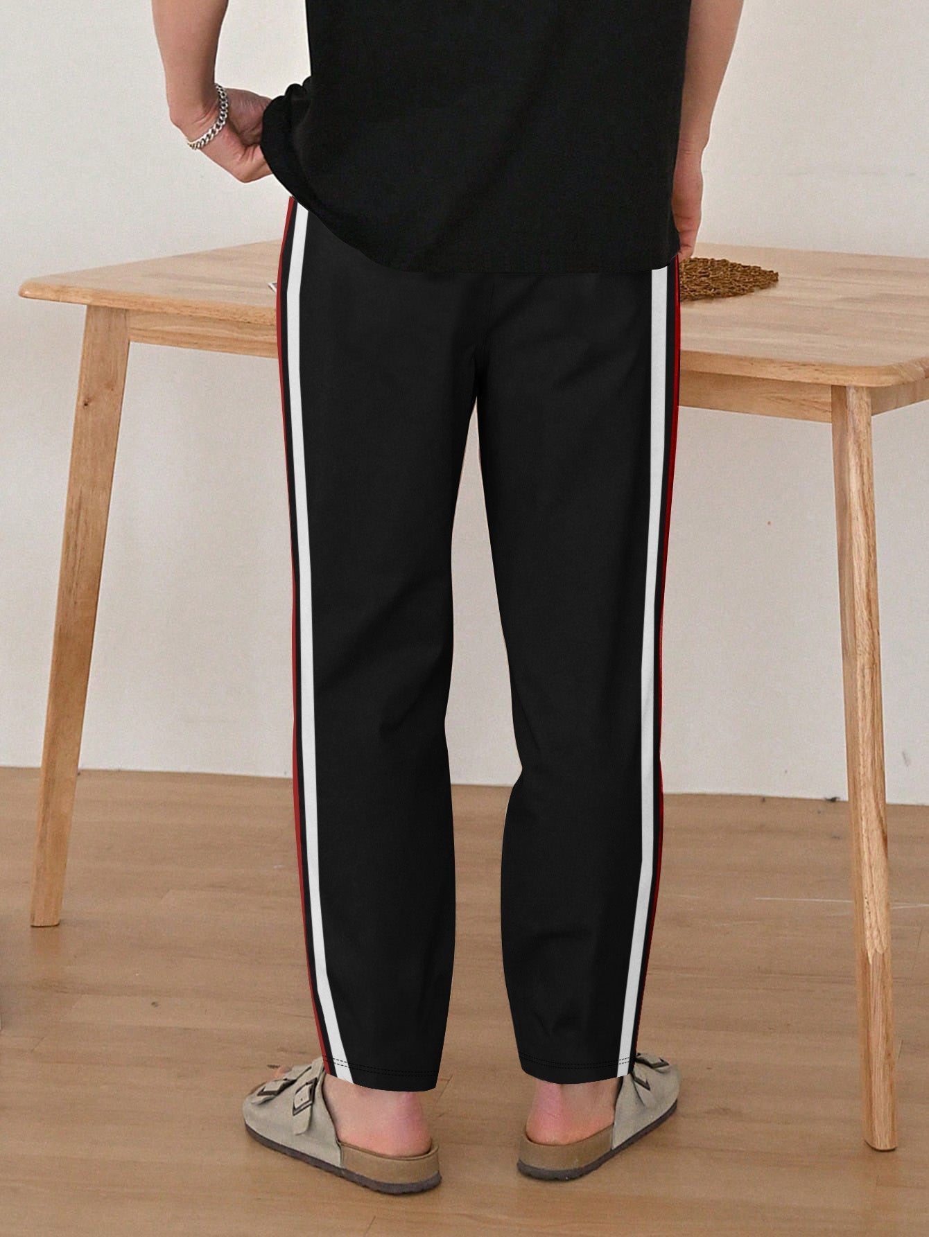 Louis Vicaci Slim Fit Active Wear Trouser Pent For Men-Black with White & Red Stripe-BR708