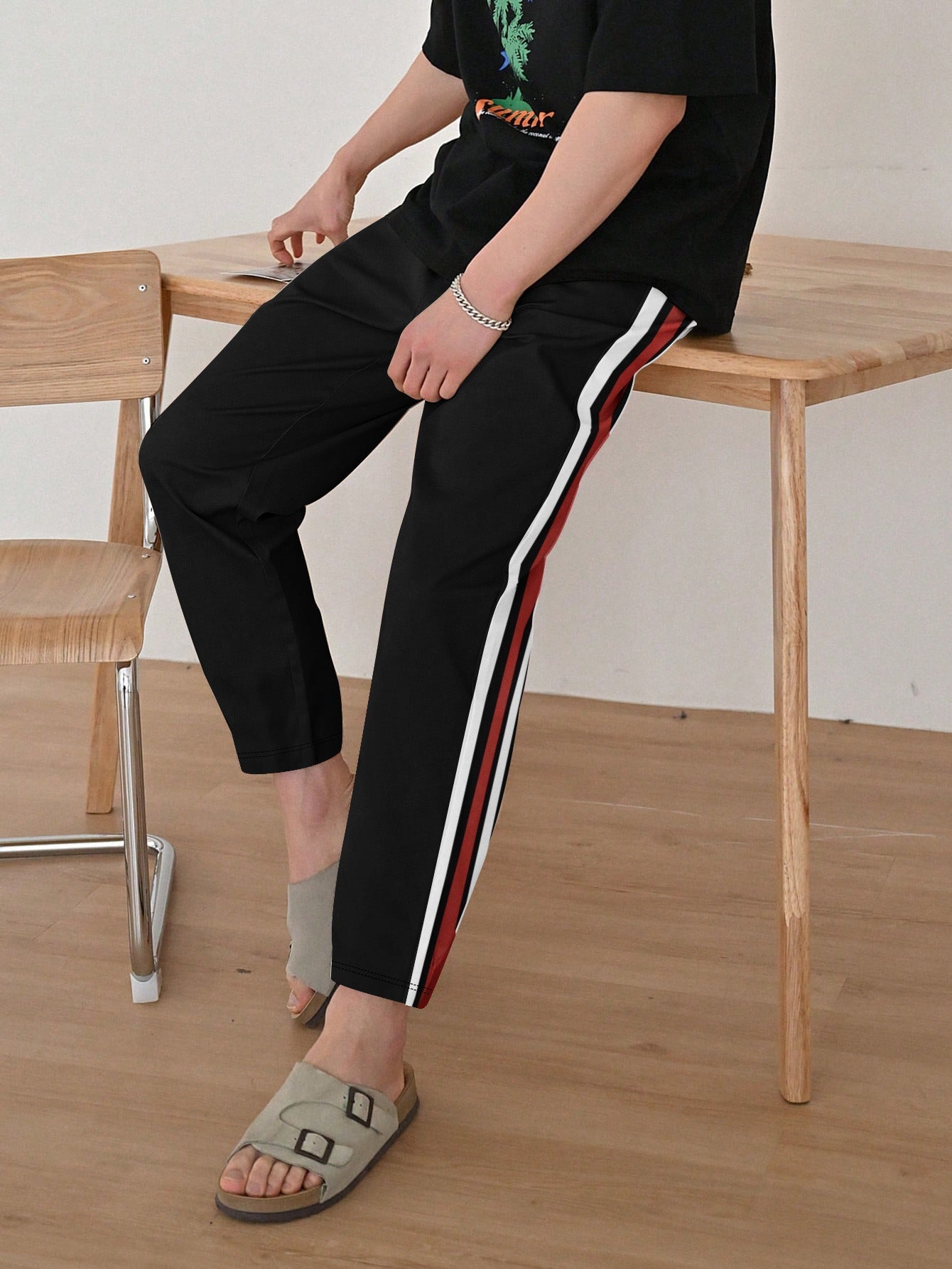 Louis Vicaci Slim Fit Active Wear Trouser Pent For Men-Black with White & Red Stripe-BR708