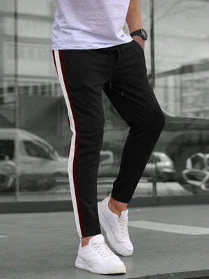 Louis Vicaci Slim Fit Lycra Trouser Pent For Men-Black with Maroon & White Stripe-BE18235/LV02
