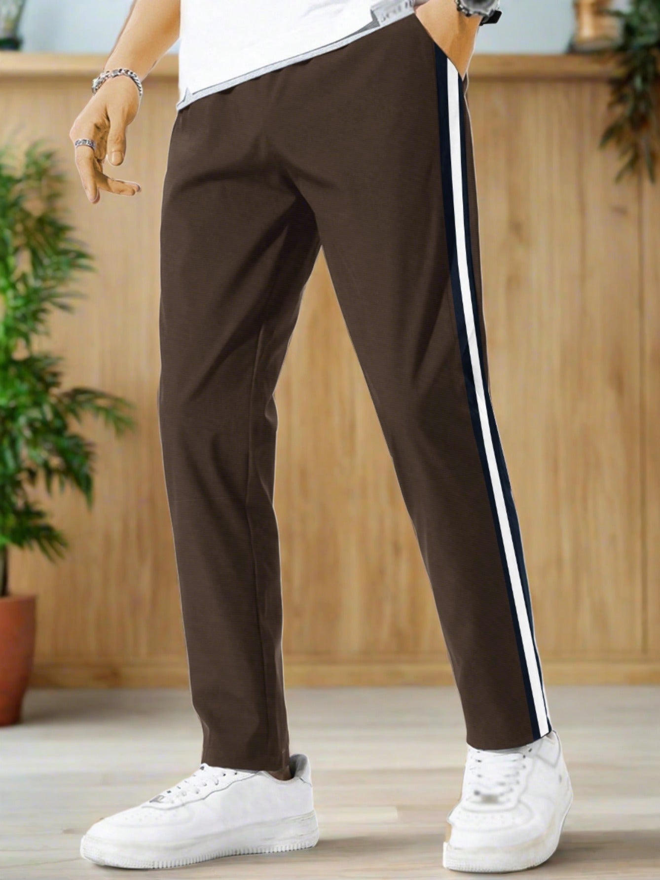 Louis Vicaci Slim Fit Active Wear Summer Trouser For Men-Dark Brown with Navy & White Stripes-SP2512
