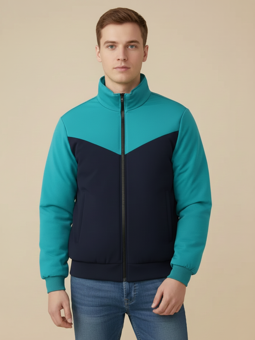 Stylish Winter Zipper Mockneck Jacket For Men-Light Cyan & Dark Navy-BRPH33
