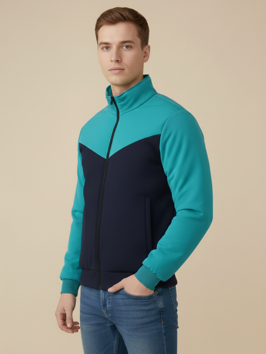 Stylish Winter Zipper Mockneck Jacket For Men-Light Cyan & Dark Navy-BRPH33