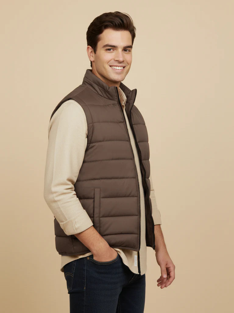 Stylish Puffer Sleeveless Zipper Mockneck Jacket For Men-Chocolate-BRPH23