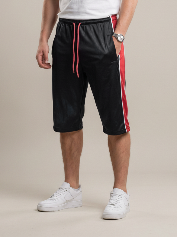 Stylish Knee Length Short For Men-Black With Red Stripe-BE6095