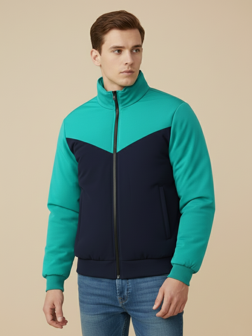 Stylish Winter Zipper Mockneck Jacket For Men-Cyan Green & Dark Navy-BRPH28