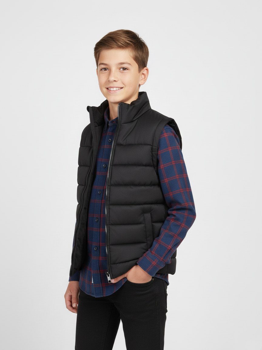 Payper Winter Sleeveless Zipper Mockneck Jacket For Kids-Black-PSJ02