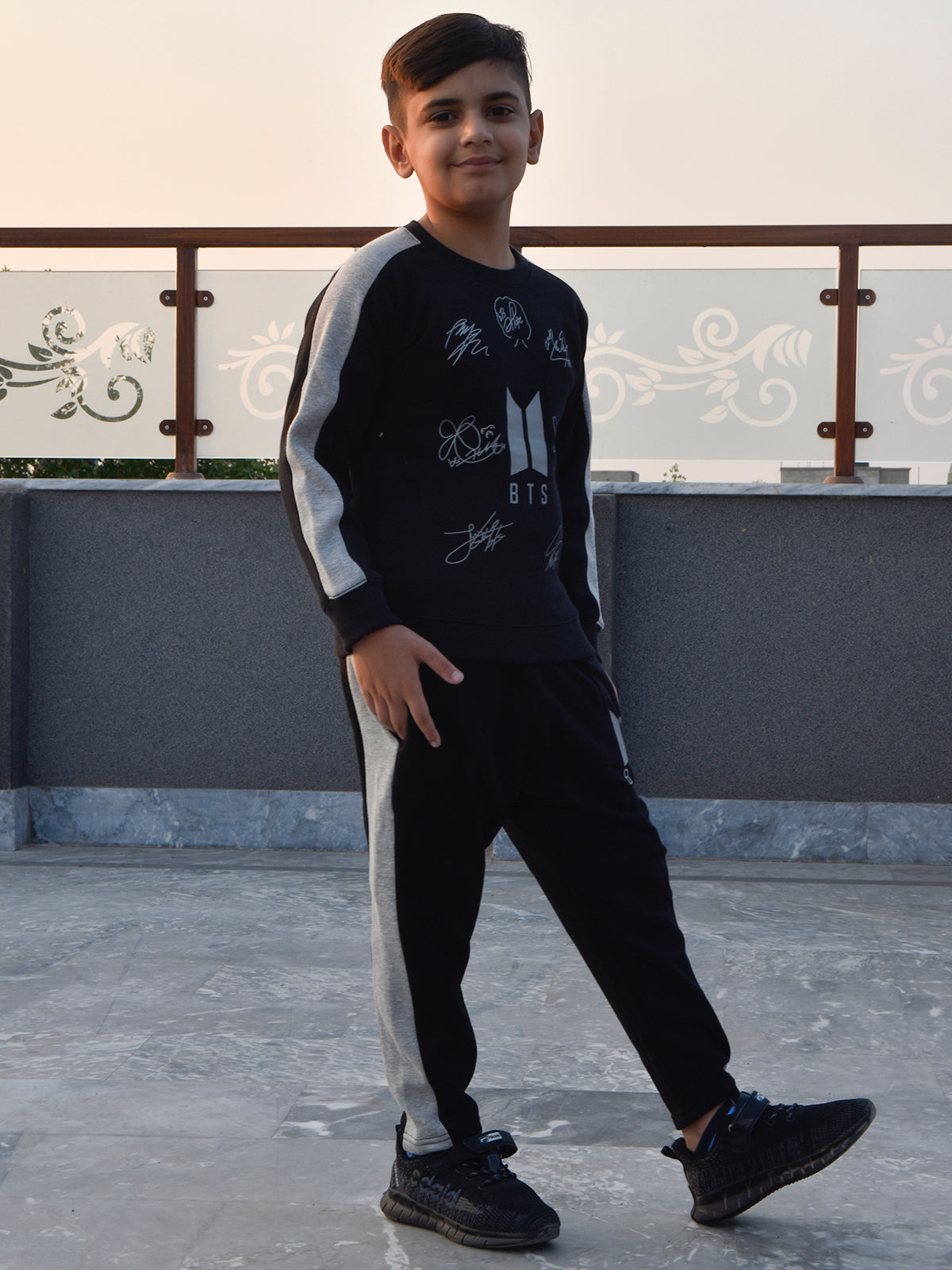 Louis Vicaci Fleece Tracksuit For Kids-Black with Grey-BR868