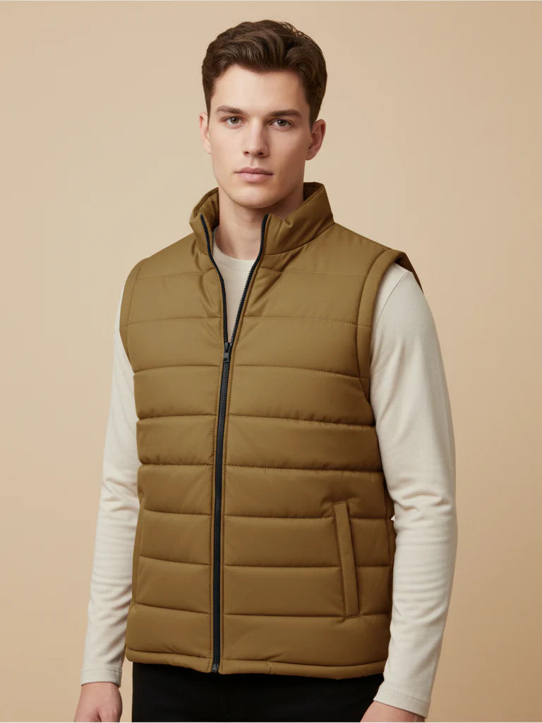 Stylish Puffer Sleeveless Zipper Mockneck Jacket For Men-Light Brown-BRPH24
