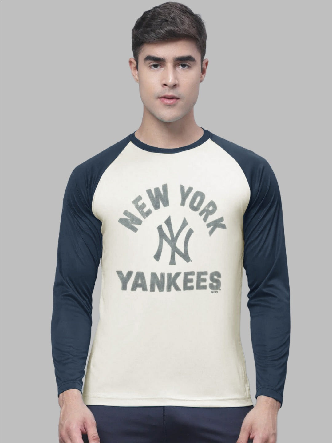 47 Raglan Sleeve Crew Neck Tee Shirt For Men-Off White & Navy with Print-SP2064