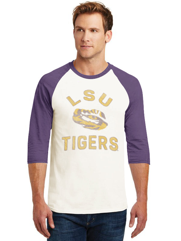 47 Raglan Sleeve Crew Neck Tee Shirt For Men-Off White & Purple with Print-SP2114