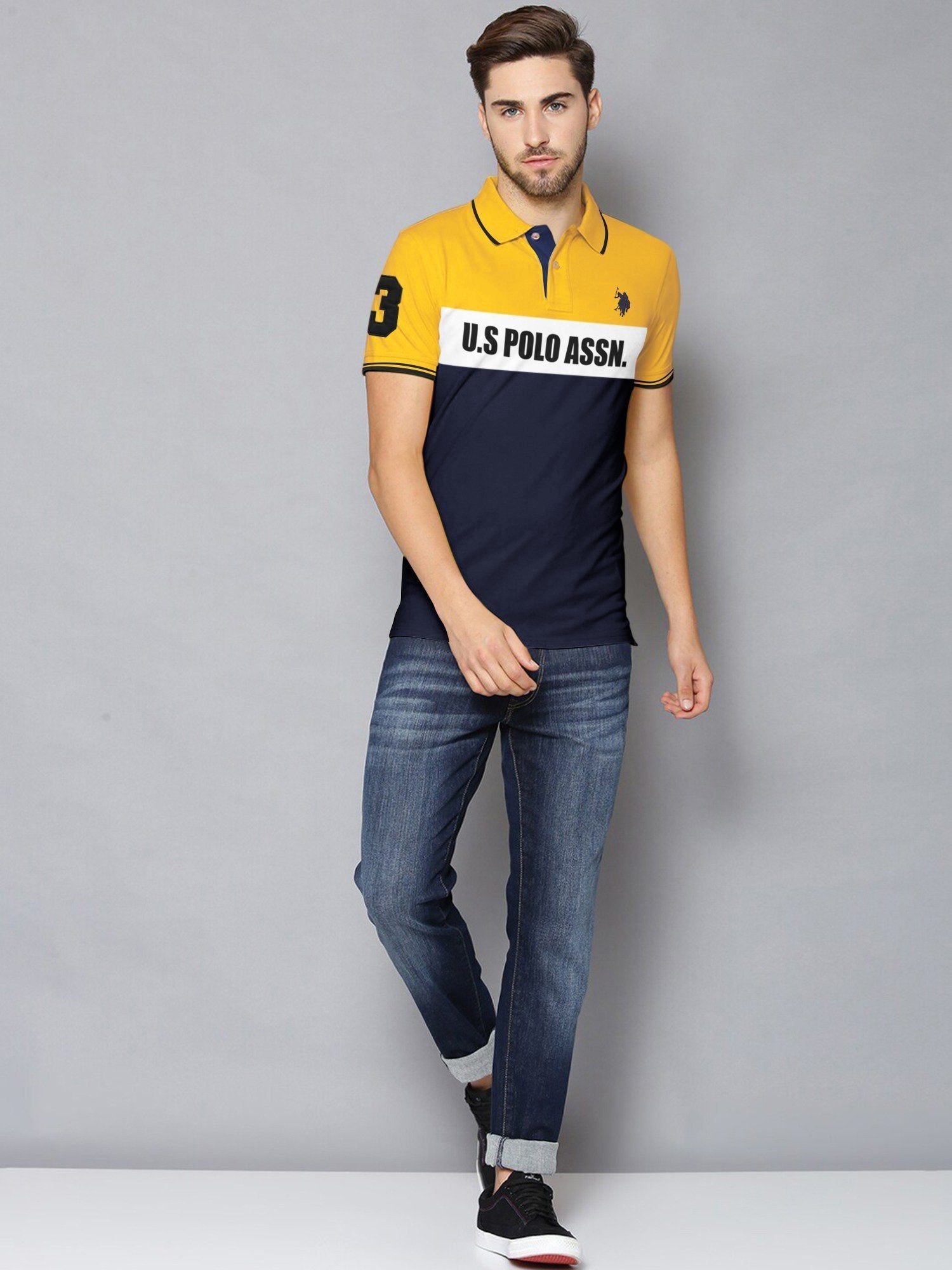 U.S Polo Assn. P.Q Half Sleeve Polo Shirt For Men-Yellow with White & Navy-BR13129
