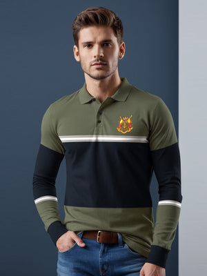 Louis Vicaci Long Sleeve Polo Shirt For Men-Green with Navy Stripe-BR903