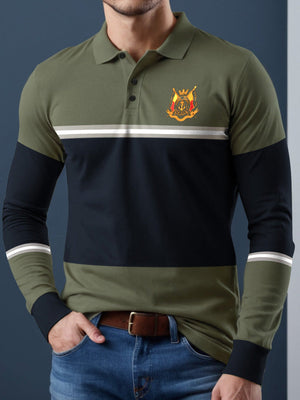 Louis Vicaci Long Sleeve Polo Shirt For Men-Green with Navy Stripe-BR903