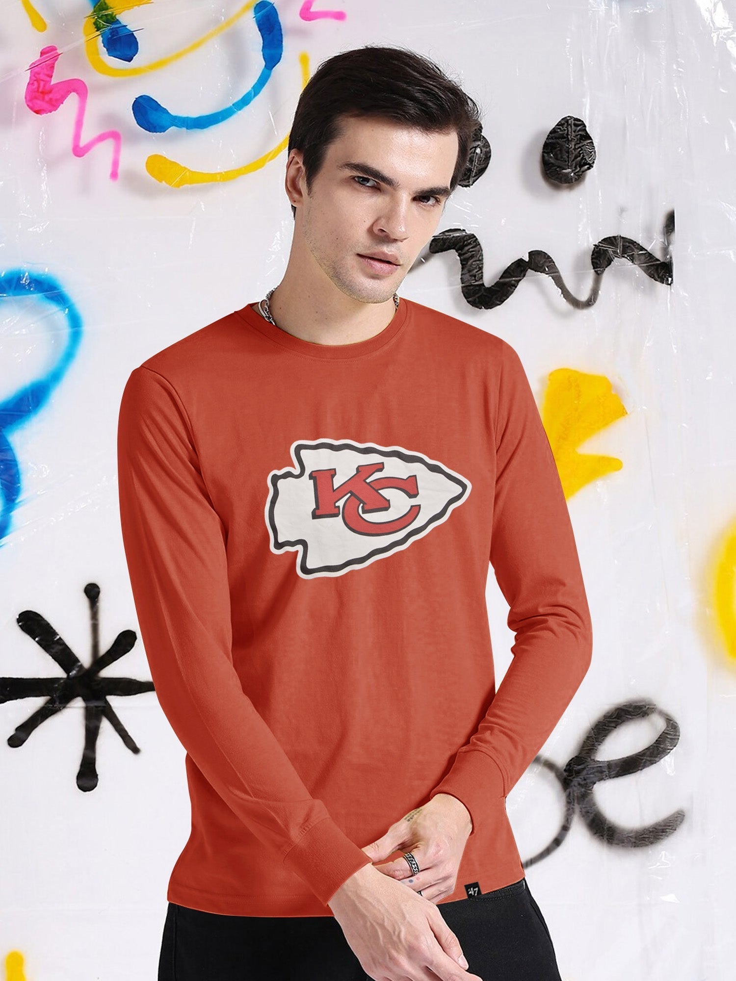 47 Single Jersey Crew Neck Long Sleeve Shirt For Men-Orange-SP1840