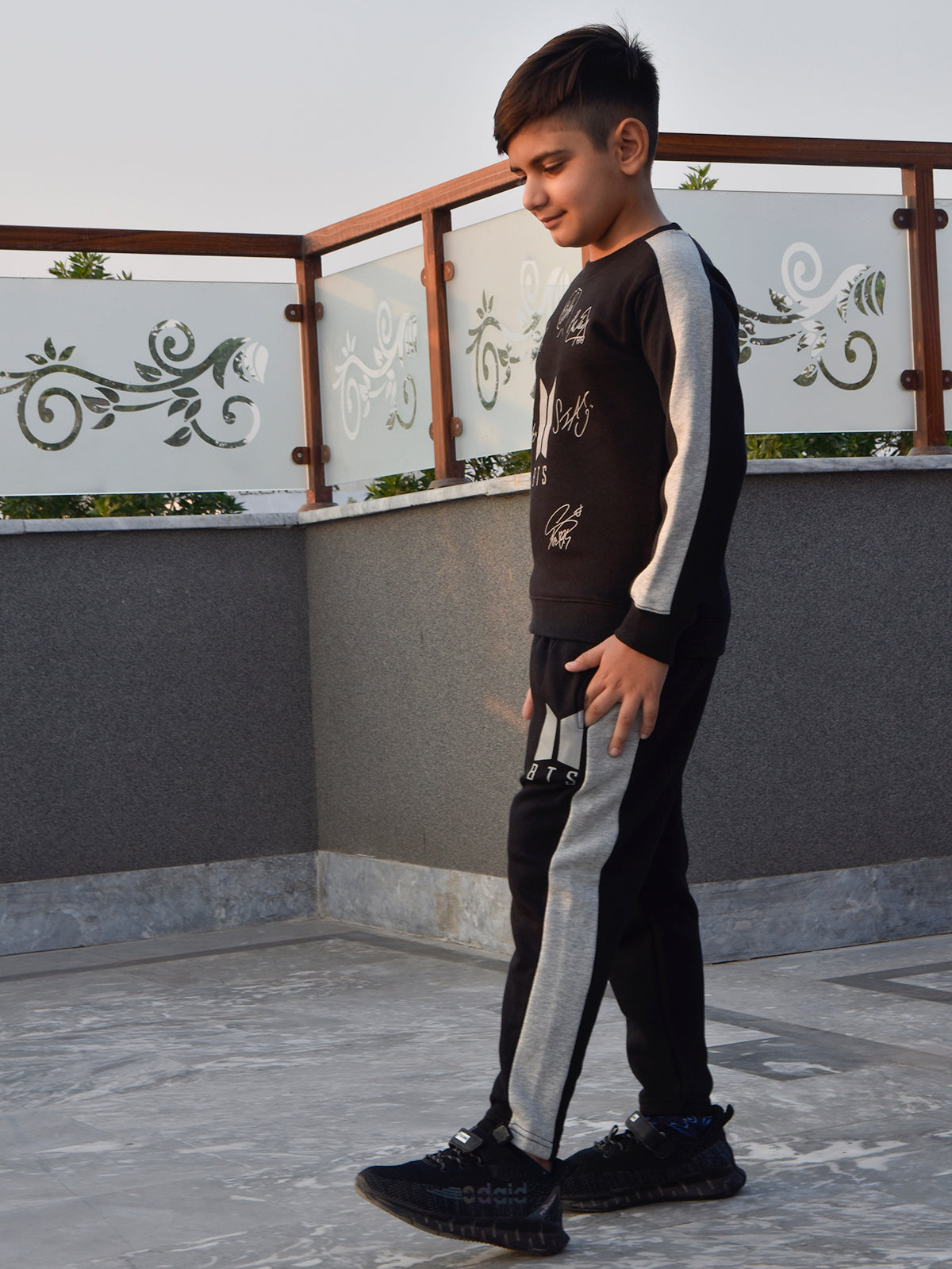 Louis Vicaci Fleece Tracksuit For Kids-Black with Grey-BR868