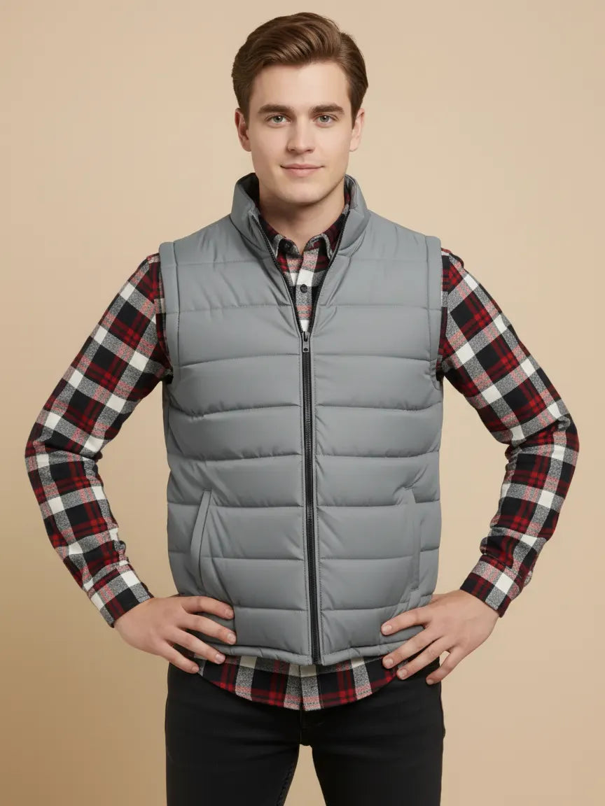 Stylish Puffer Sleeveless Zipper Mockneck Jacket For Men-Light Grey-BRPH28