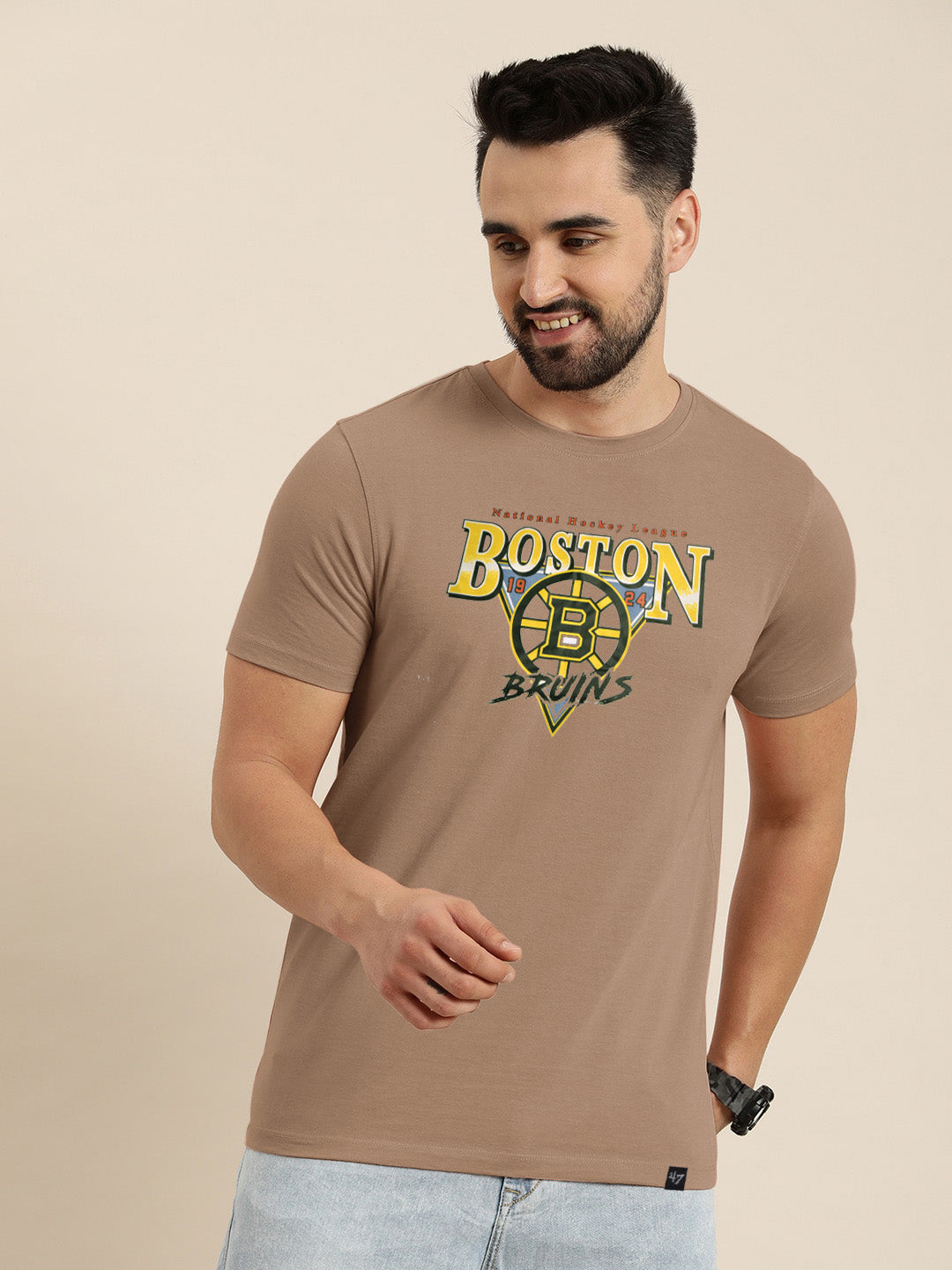 47 Single Jersey Crew Neck Tee Shirt For Men-Light Brown with Print-BE907/BR13169