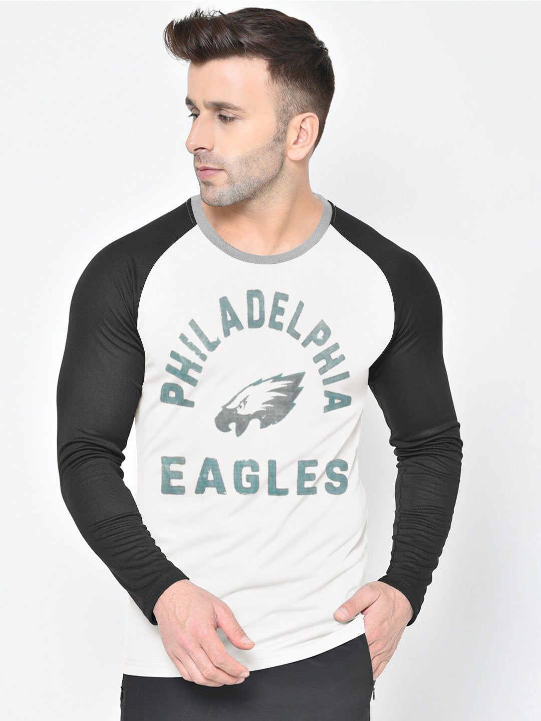 47 Raglan Sleeve Crew Neck Tee Shirt For Men-Off White & Black with Print-SP2078