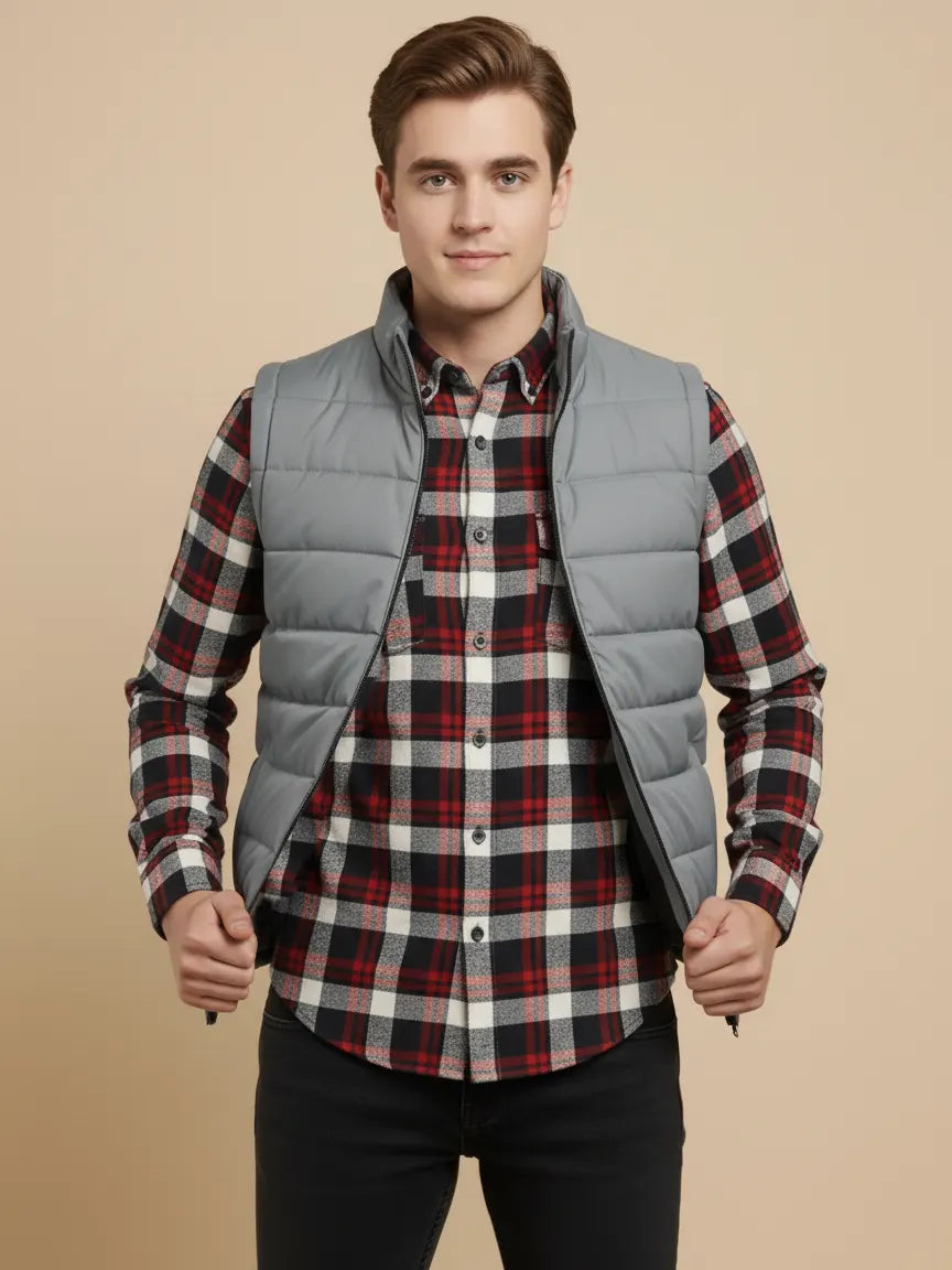 Stylish Puffer Sleeveless Zipper Mockneck Jacket For Men-Light Grey-BRPH28