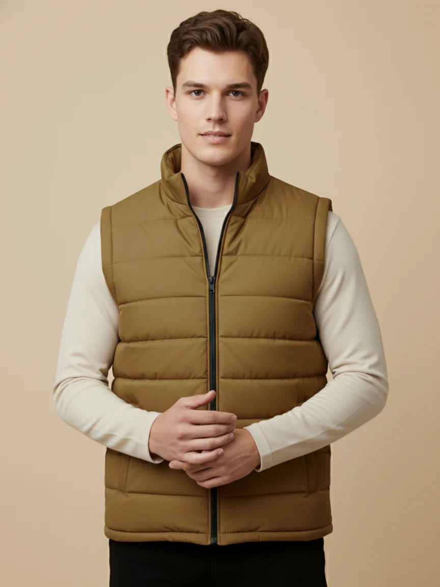 Stylish Puffer Sleeveless Zipper Mockneck Jacket For Men-Light Brown-BRPH24
