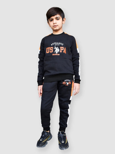 U.S Polo Assn Fleece Tracksuit For Kids-Black with Orange-BR914