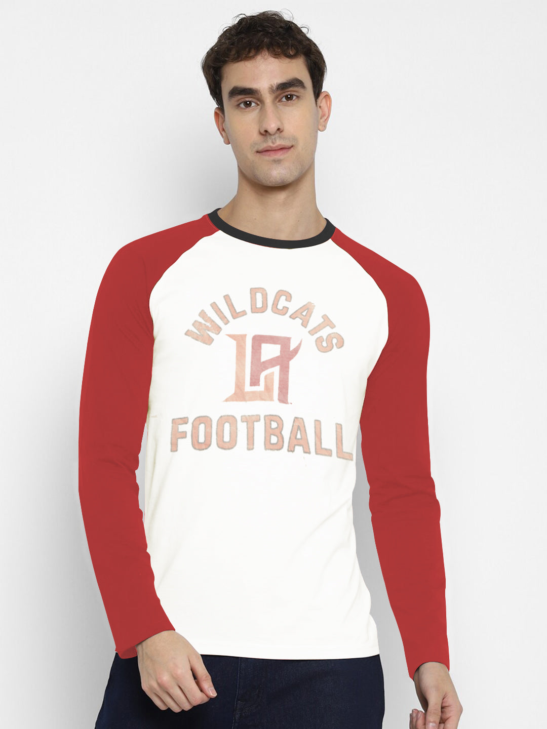 47 Raglan Sleeve Crew Neck Tee Shirt For Men-Off White & Red with Print-SP2115