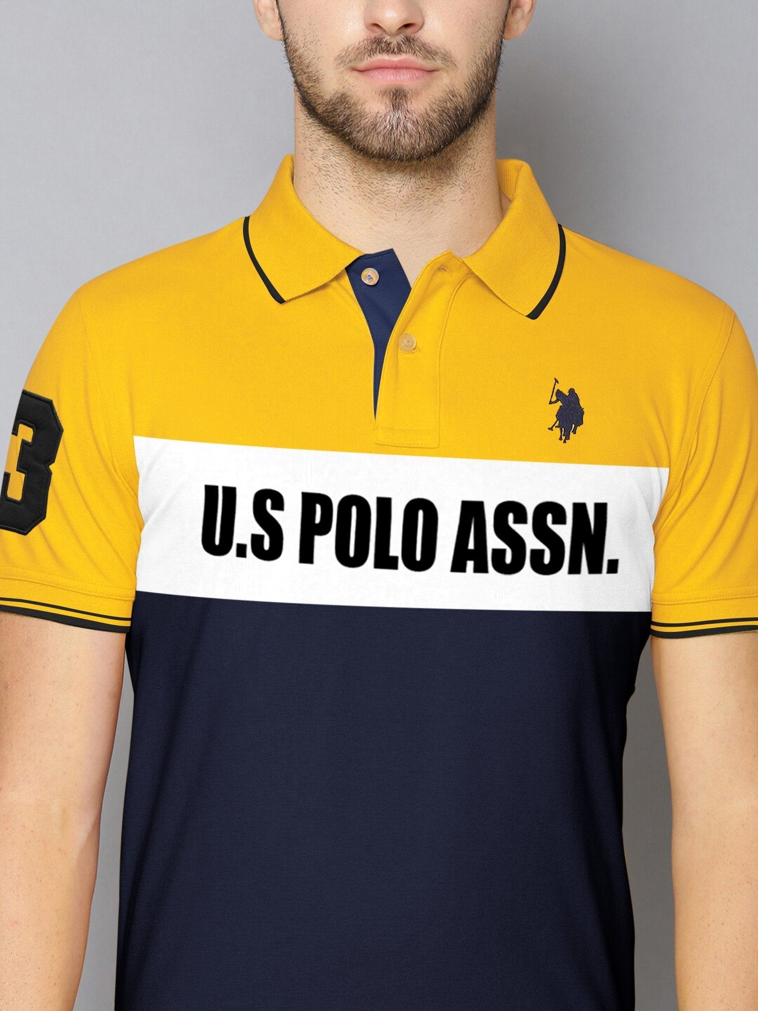 U.S Polo Assn. P.Q Half Sleeve Polo Shirt For Men-Yellow with White & Navy-BR13129