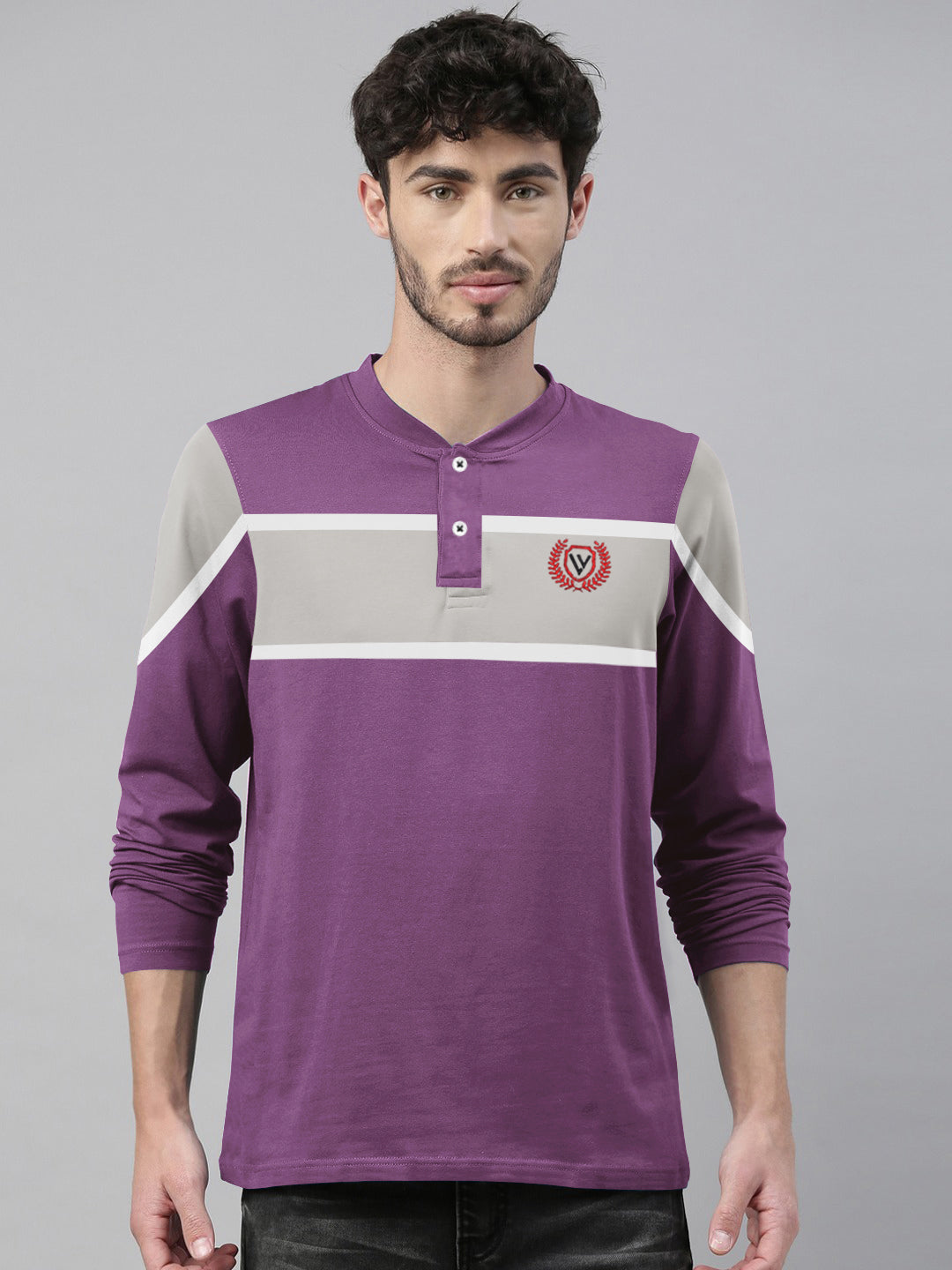 Louis Vicaci P.Q Long Sleeve Henley Shirt For Men-Purple with Grey Panel-SP1751