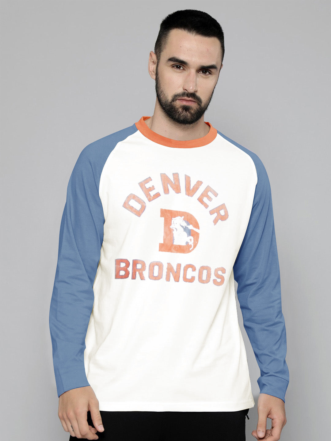 47 Raglan Sleeve Crew Neck Tee Shirt For Men-Off White & Light Blue with Print-SP2075