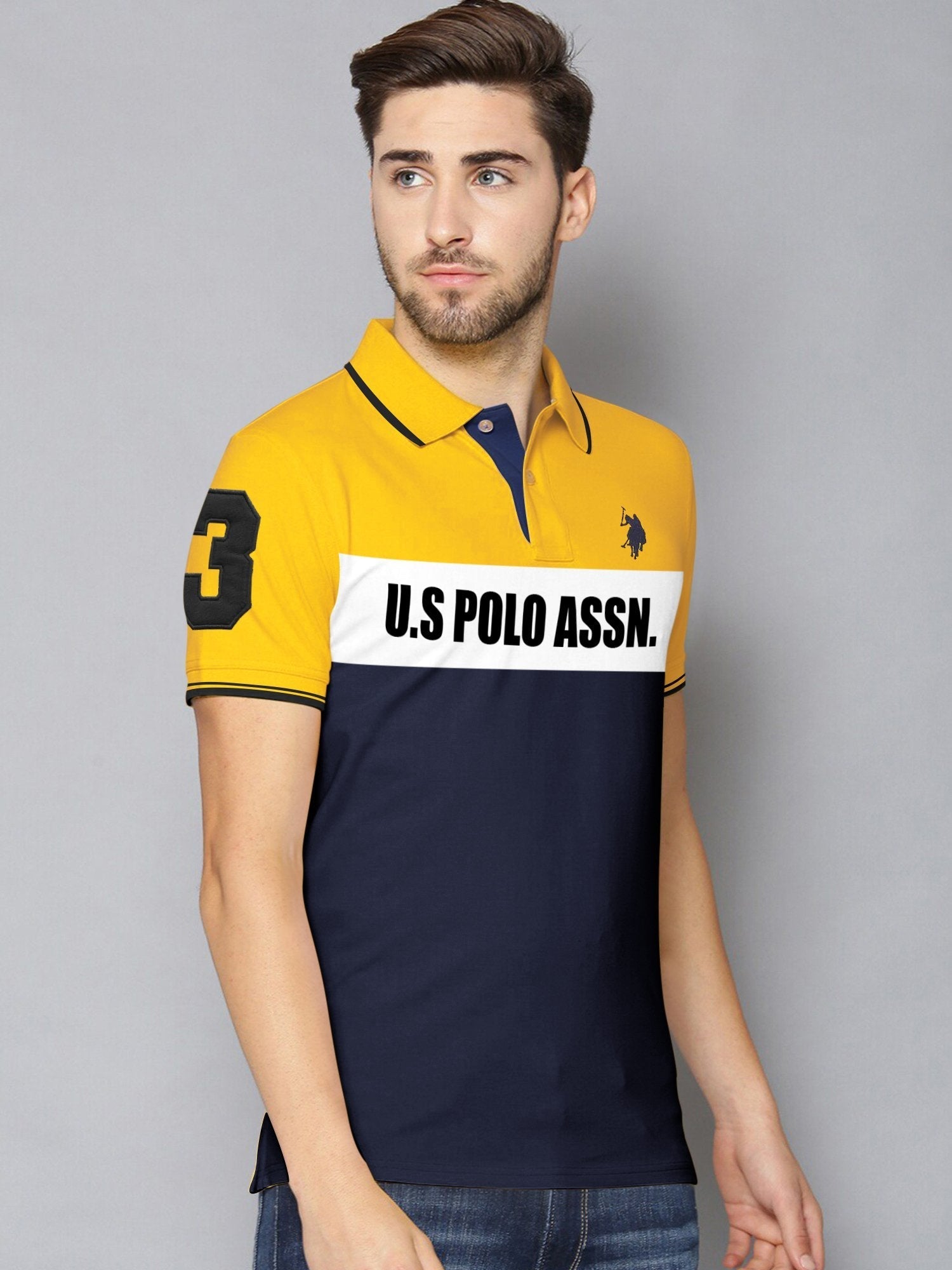U.S Polo Assn. P.Q Half Sleeve Polo Shirt For Men-Yellow with White & Navy-BR13129
