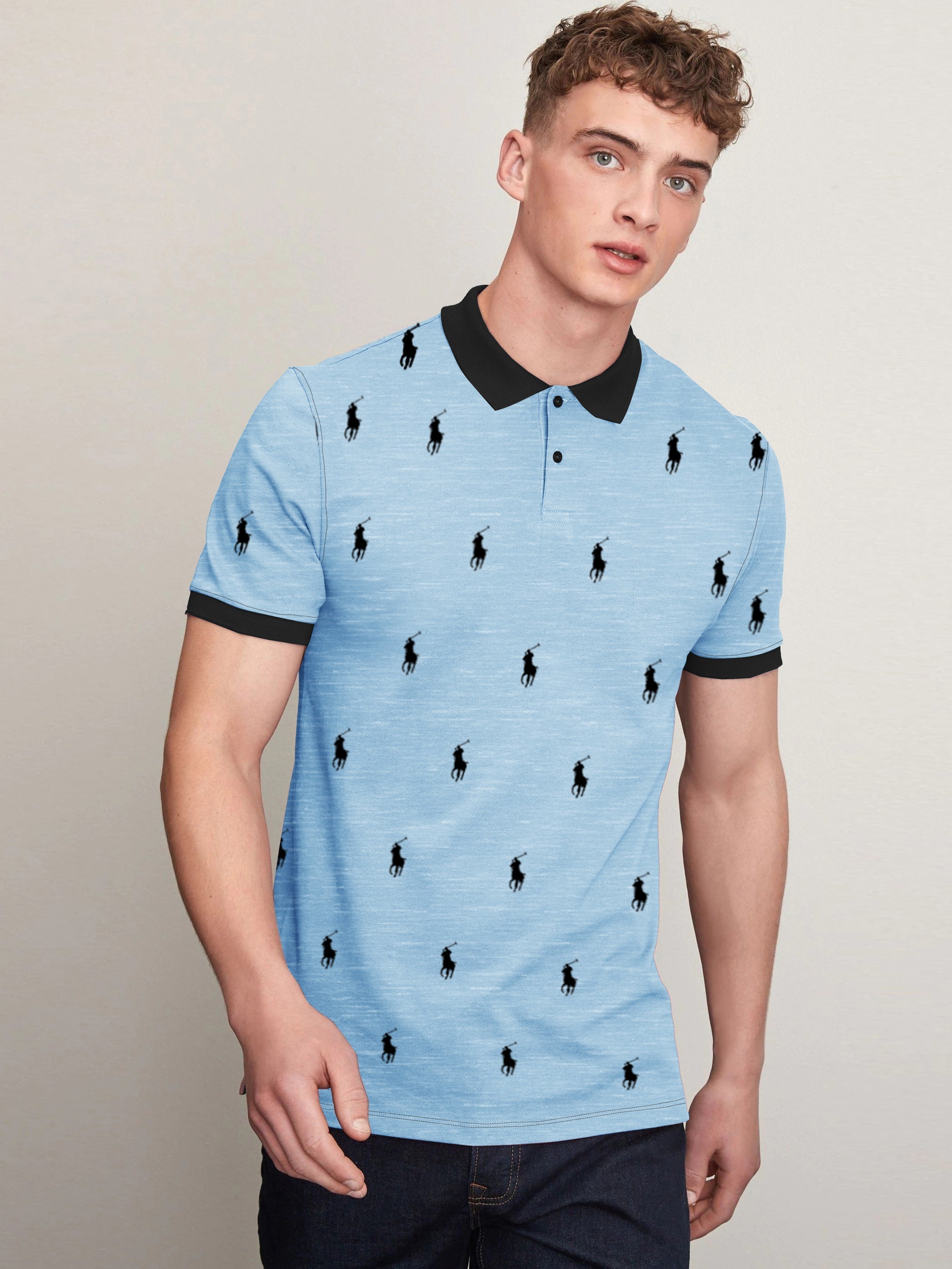 Summer Polo Shirt For Men-Sky Blue Melange-RT45