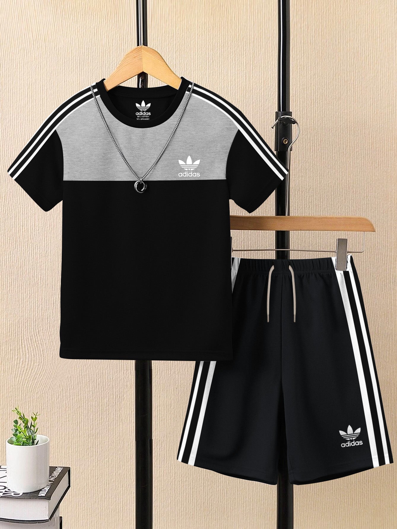 Ads Summer T Shirt & Short Suit For Kids-Black with Grey Melnage & White, Black Stripe-BE3284/BR15722