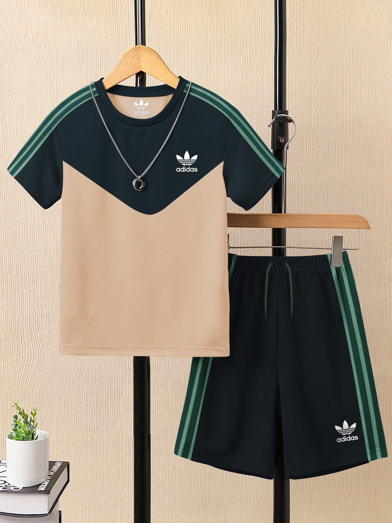 Ads Summer T Shirt & Short Suit For Kids-Skin with Navy & Green Stripe-BE3297/BR15735