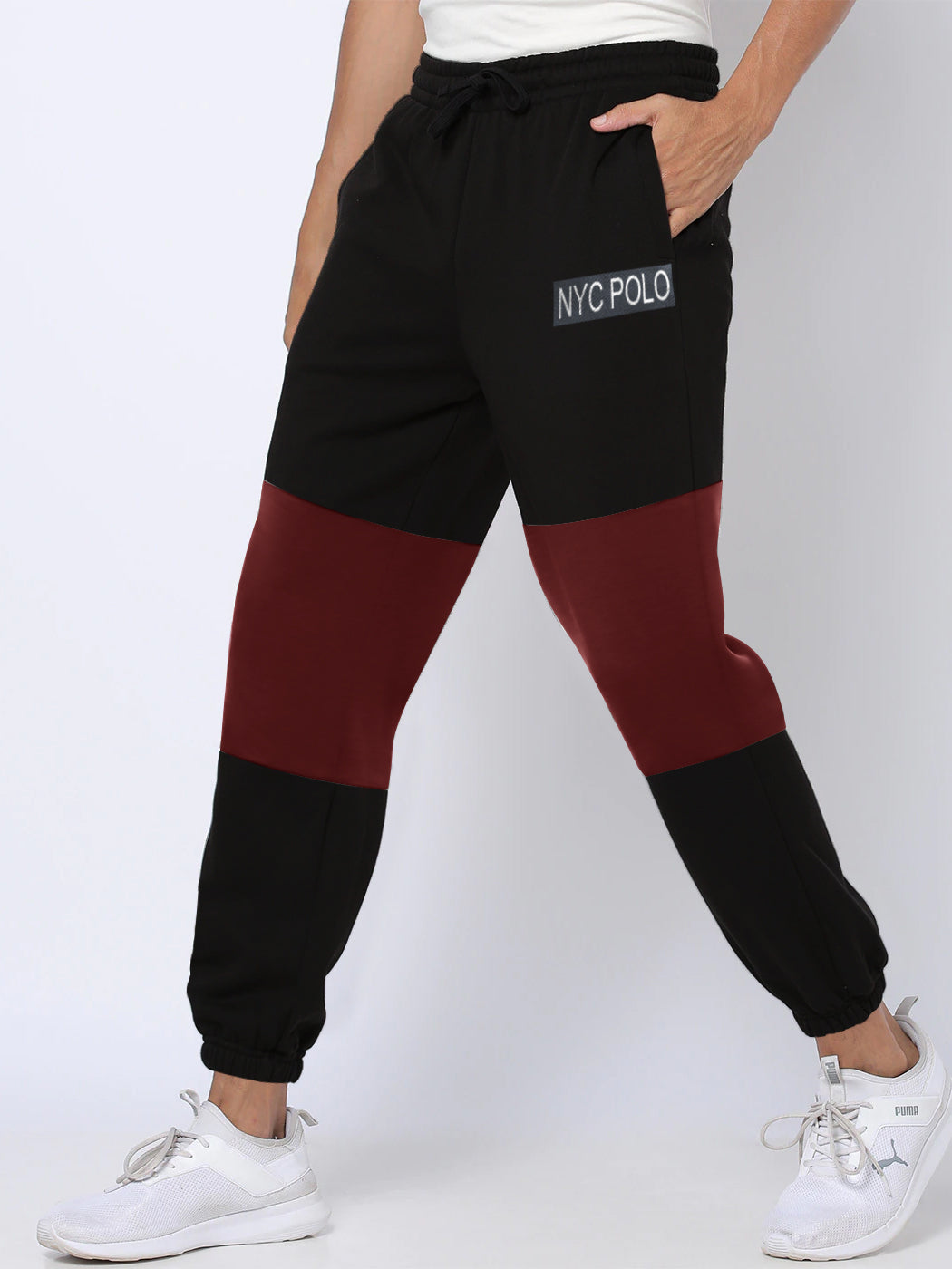 Nyc Polo Gathering Fit Fleece Jogger Trouser For Men-Black with Red Panel-SP1025/RT2184