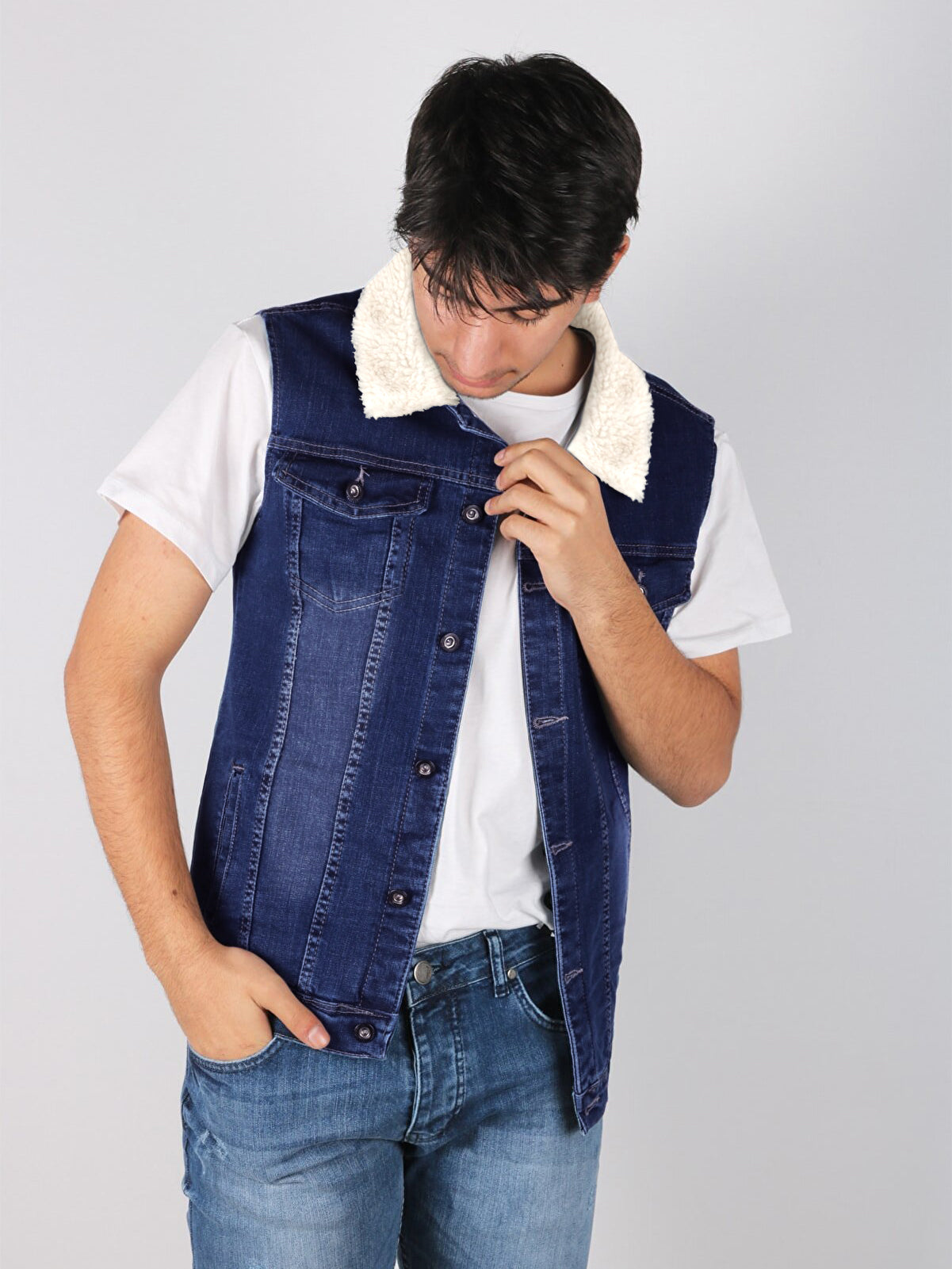 Sleeveless Plush Fur Denim Jeans Jacket For Men-Blue-BR204