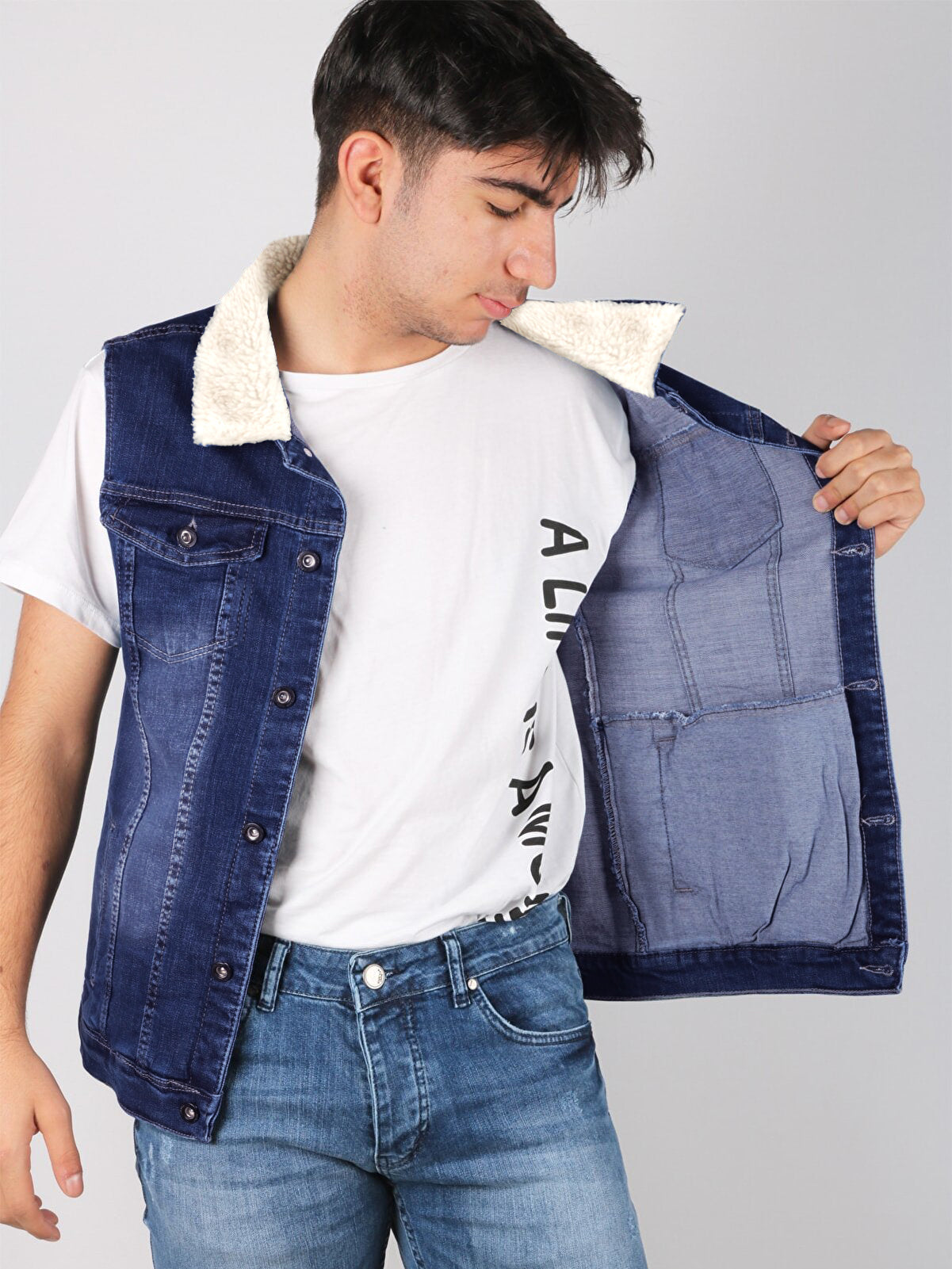 Sleeveless Plush Fur Denim Jeans Jacket For Men-Blue-BR204