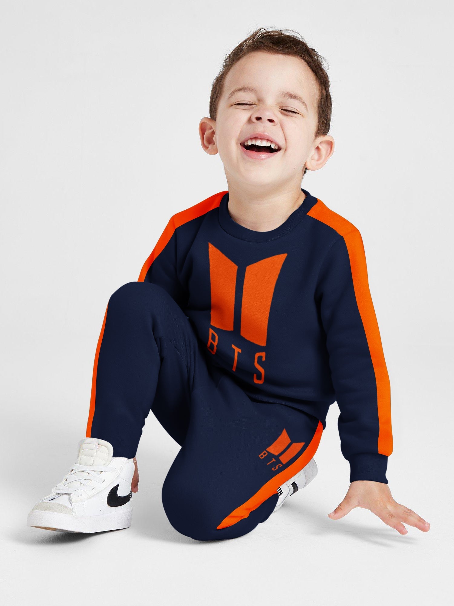 BTS Fleece Tracksuit For Kids-Dark Navy & Orange Panels-BR989