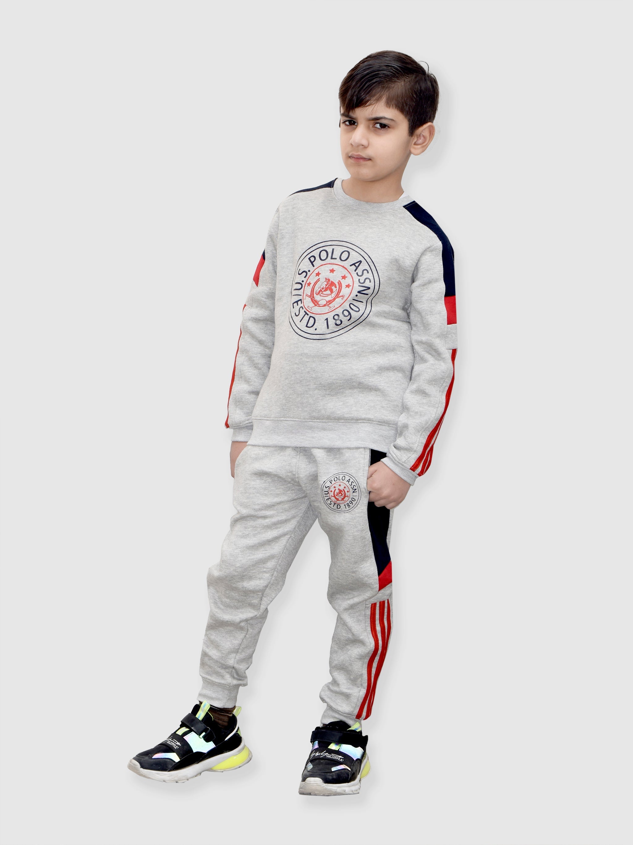 U.S Polo Assn Fleece Tracksuit For Kids-Grey Melange-BR918