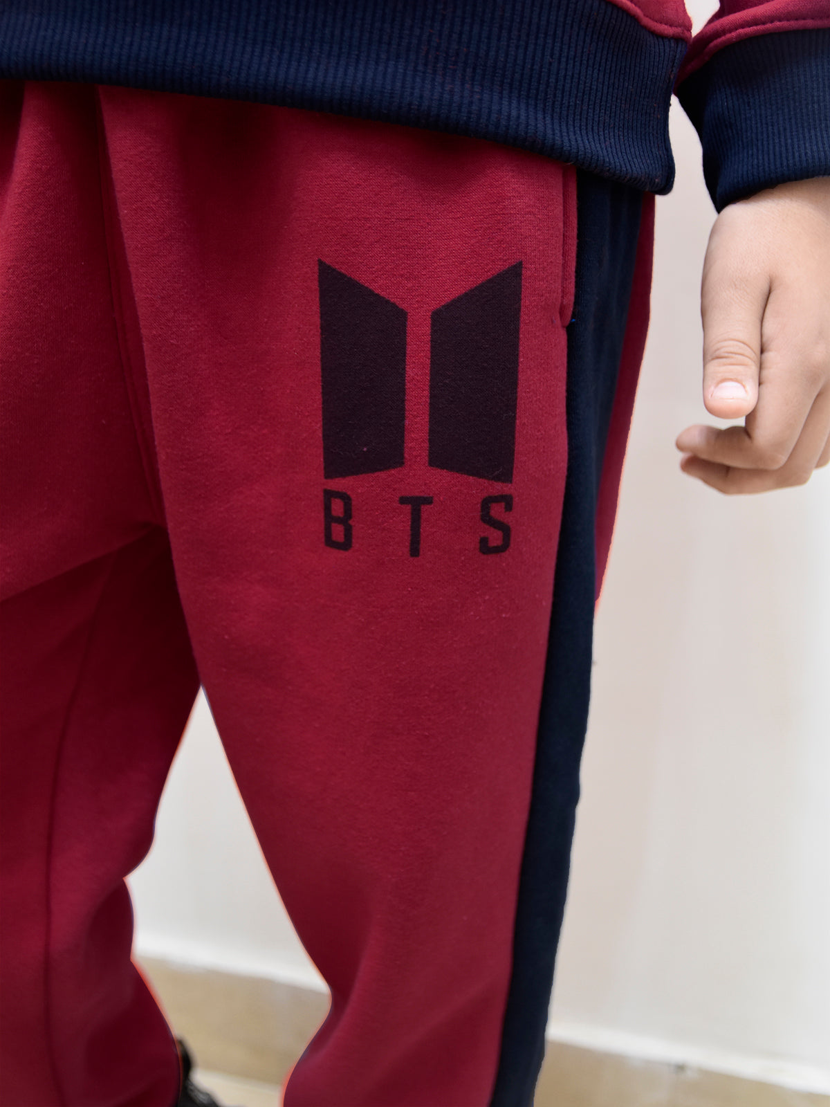BTS Fleece Tracksuit For Kids-Dark Red with Navy Panels-BR879