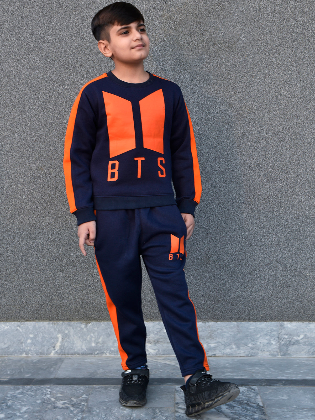 BTS Fleece Tracksuit For Kids-Dark Navy & Orange Panels-BR989