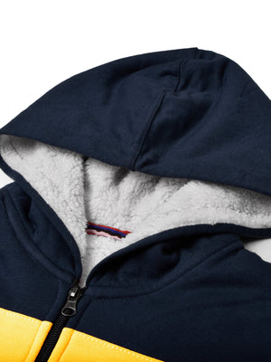 Miami Vibes Stylish Inner Fur Zipper Hoodie For Kids-Navy With Lime Yellow Panel-RT2292