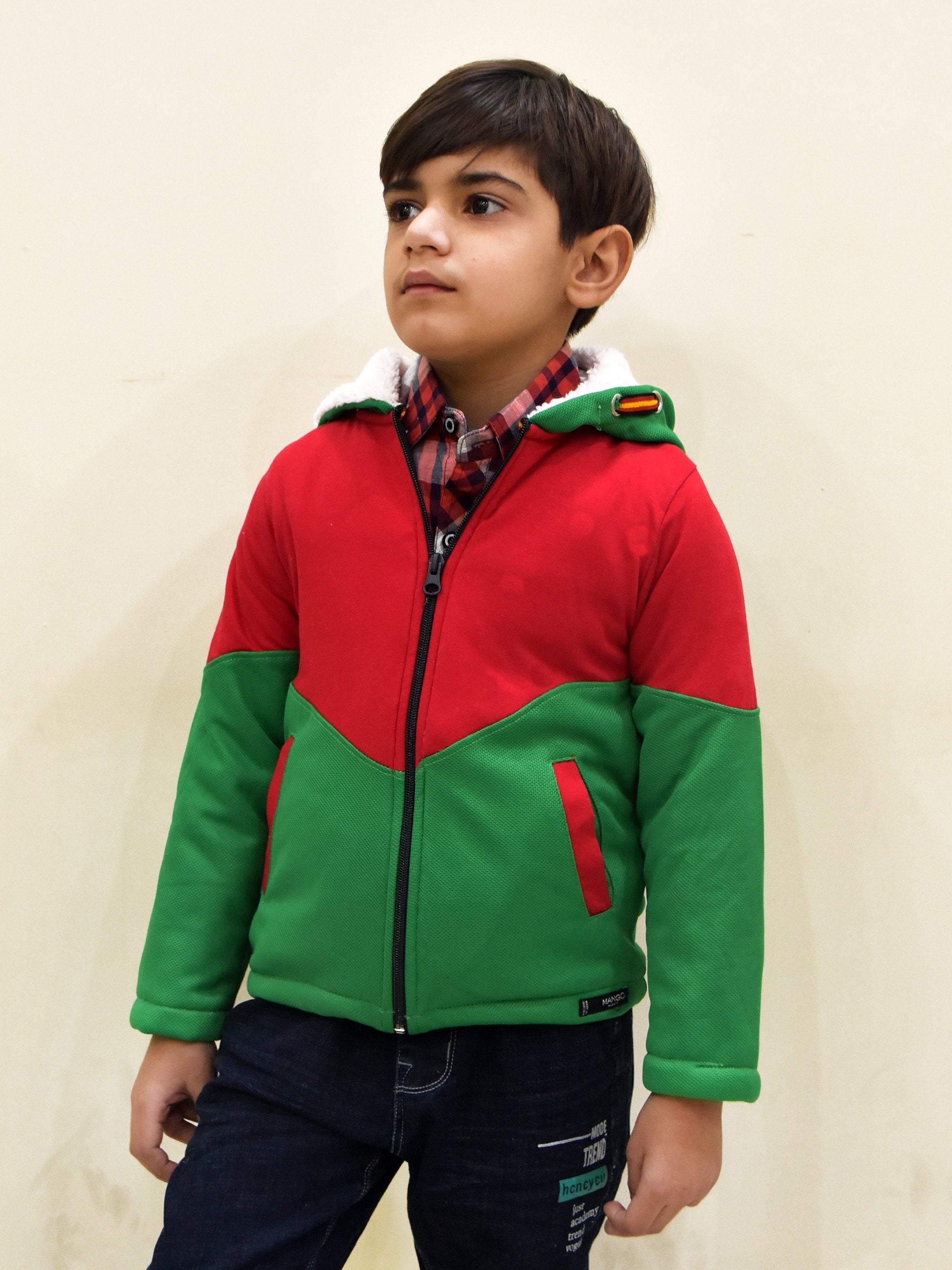 Mango Stylish Inner Fur Zipper Hoodie For Kids-Green & Red-NA13733