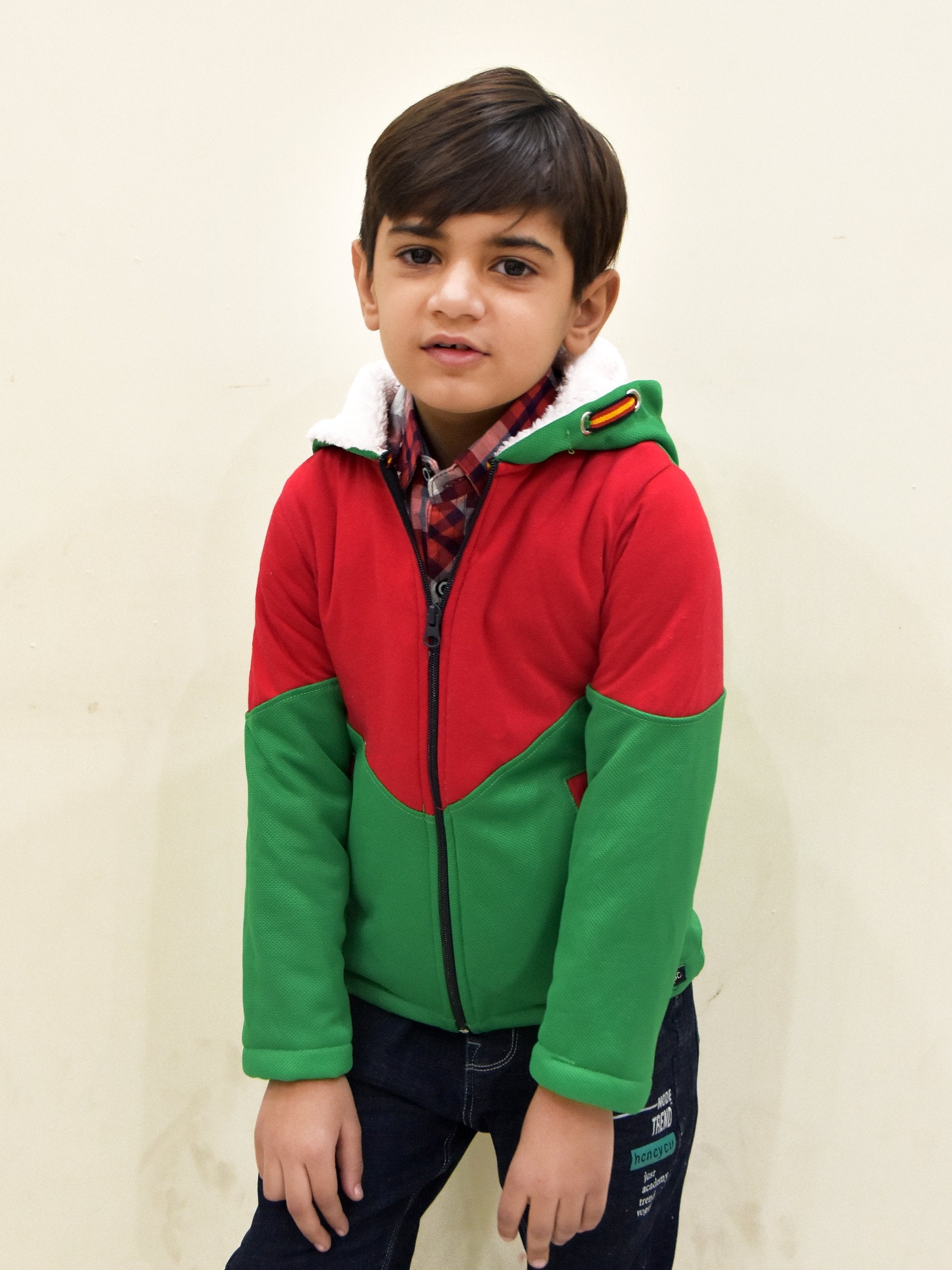 Mango Stylish Inner Fur Zipper Hoodie For Kids-Green & Red-NA13733