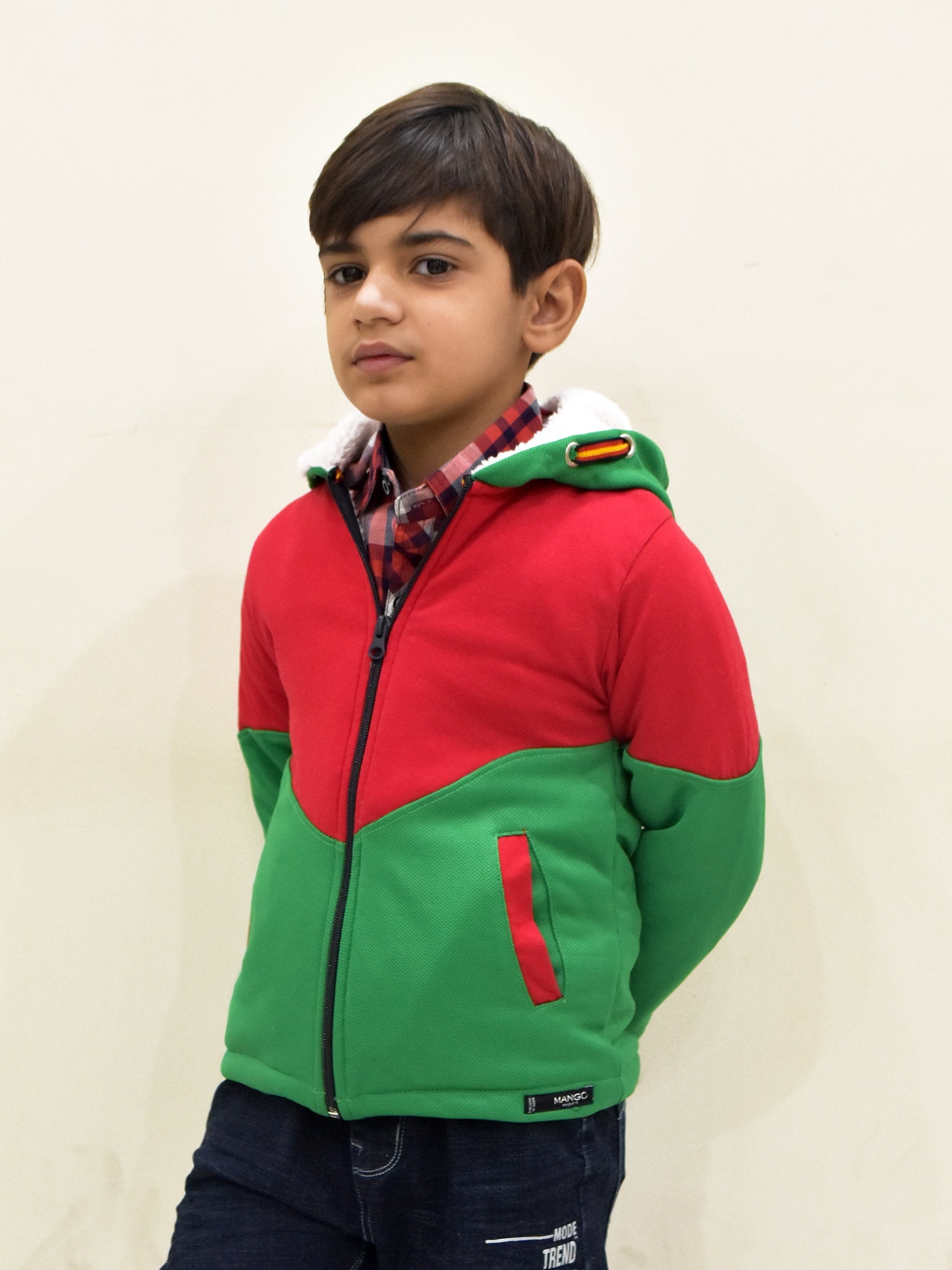 Mango Stylish Inner Fur Zipper Hoodie For Kids-Green & Red-NA13733