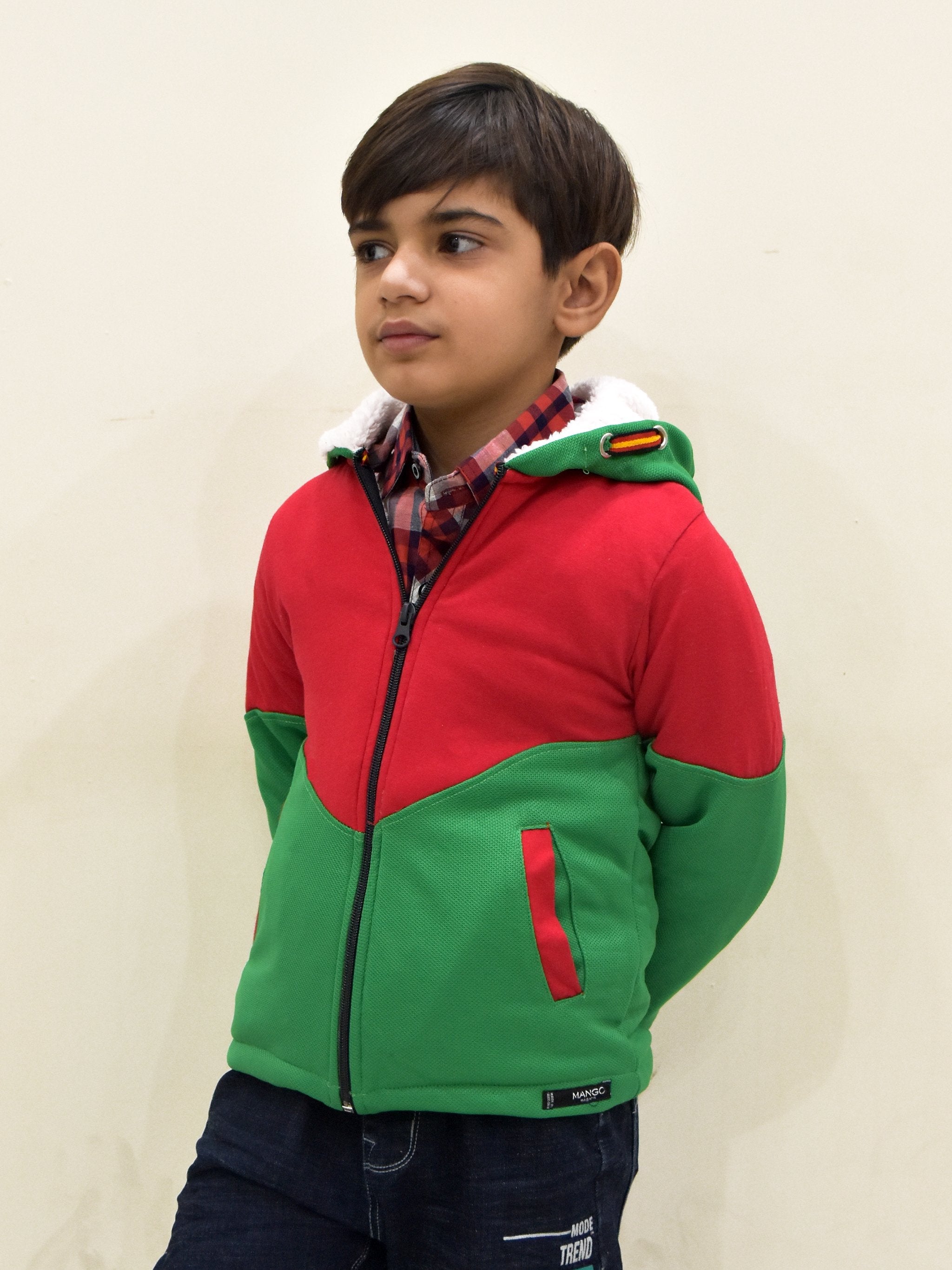 Mango Stylish Inner Fur Zipper Hoodie For Kids-Green & Red-NA13733