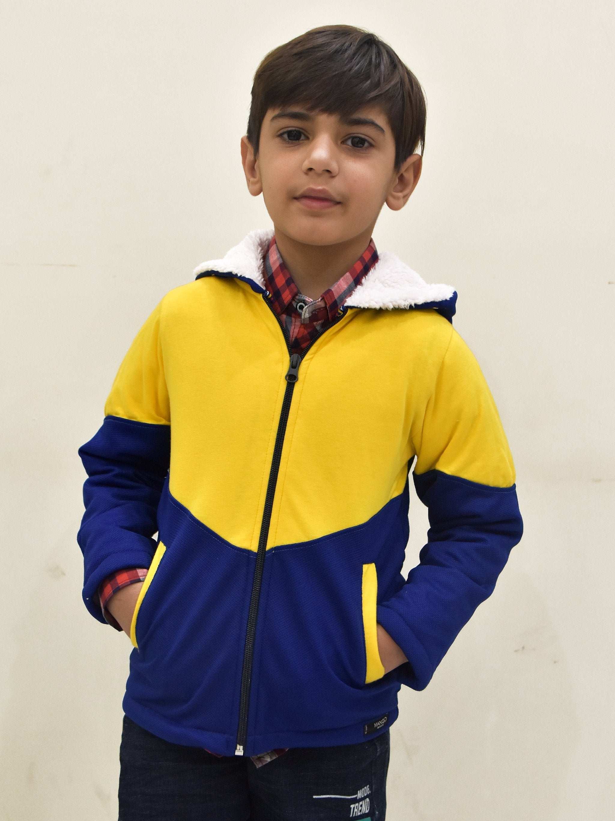 Mango Stylish Inner Fur Zipper Hoodie For Kids-Yellow & Royal Blue-BR964